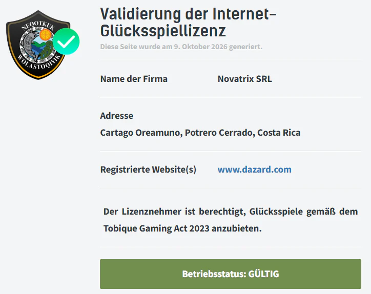 Dazardbet Casino gültige Tobique Gaming-Lizenz der Novatrix SRL mit offizieller Lizenzbestätigung für dazard.com
